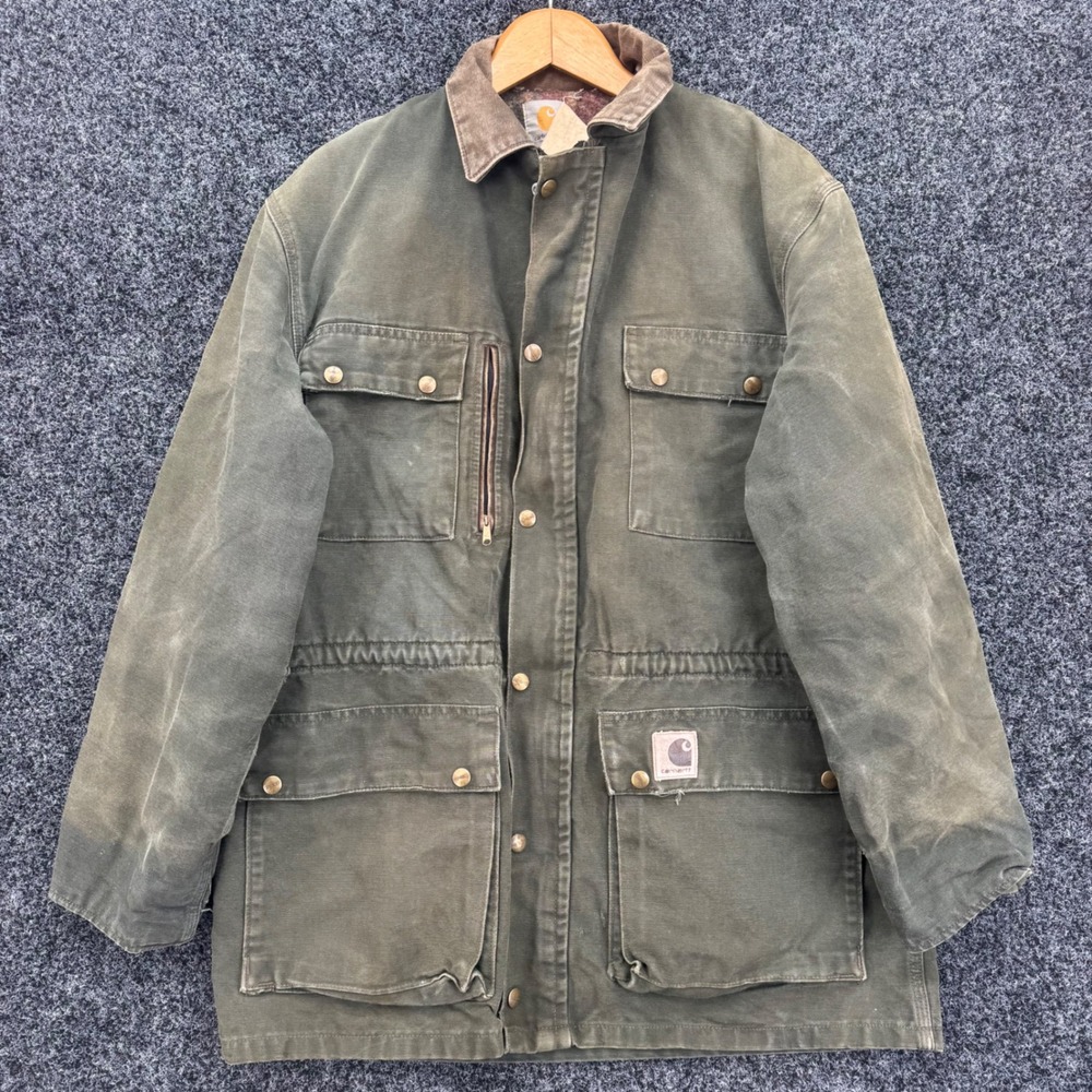 Vintage Carhartt Hunter Green Blanket Lined Duck Canvas Chore Coat Jacket AU1366